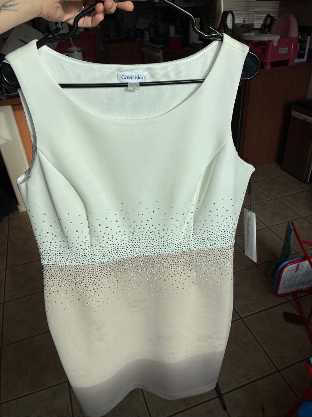 Calvin Klein White to Tan Ombre Sheath Dress with Crystal Accents